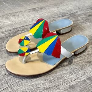 Zalo Playa Umbrella Heeled Sandal Womens 8 White Leather Beach Ball Colorful